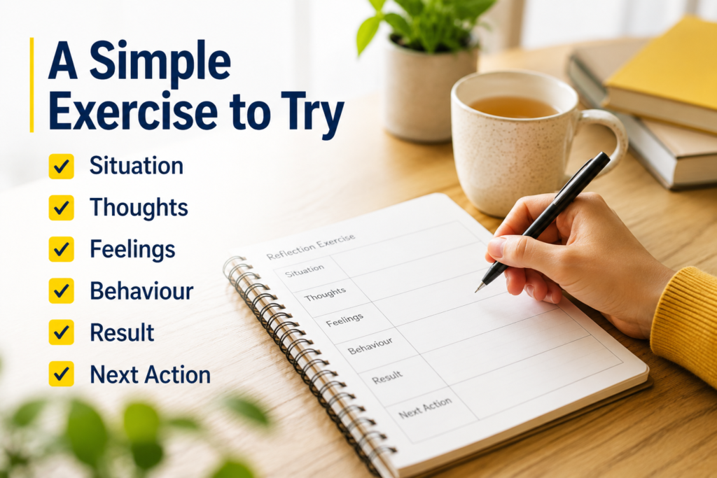 Hand writing in a reflection exercise notebook with steps for situation, thoughts, feelings, behaviour, result and next action