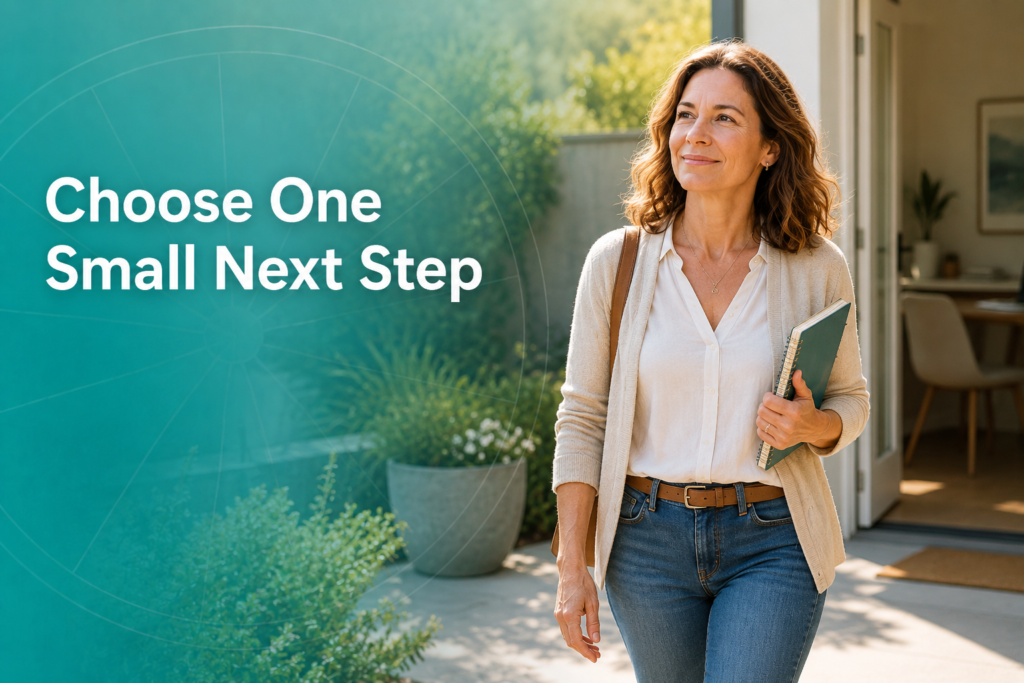 Woman walking forward with a notebook beside text overlay: “Choose One Small Next Step”.