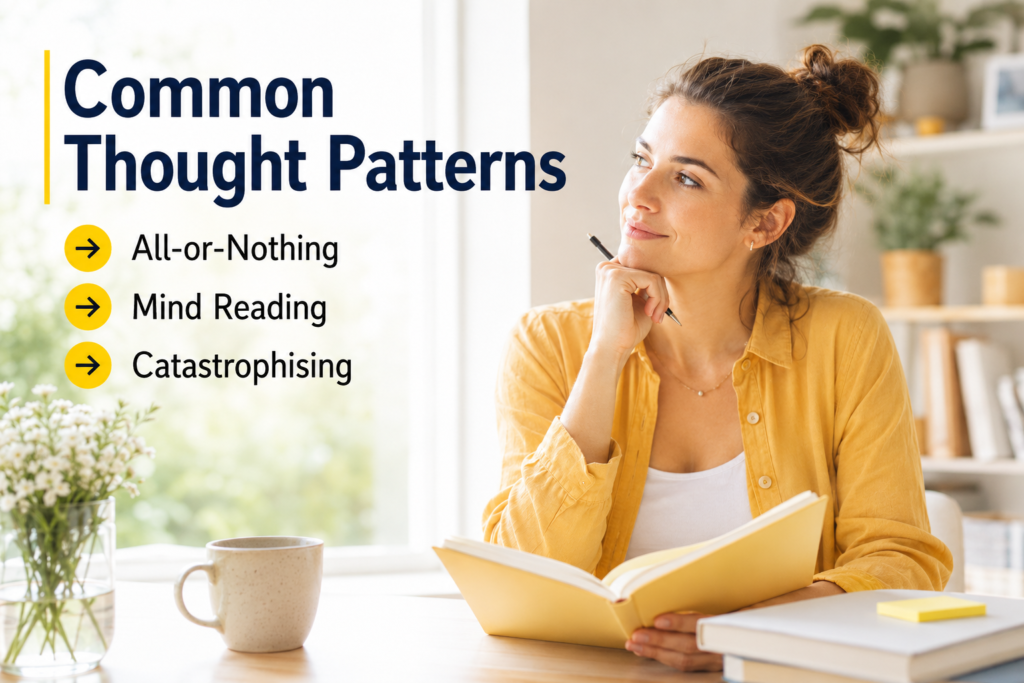Woman holding a notebook with text showing common thought patterns including all-or-nothing thinking, mind reading and catastrophising
