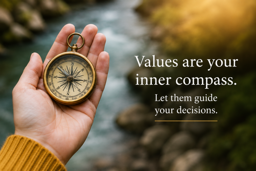 Hand holding a brass compass beside a flowing stream, with text reading “Values are your inner compass. Let them guide your decisions.”