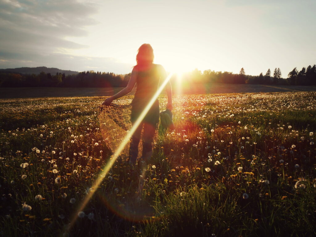 A woman in a field of dandelions in the afternoon sunlight who has designed her perfect day