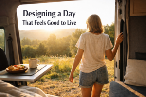 Woman stepping out of a camper van into morning sunlight with coffee and simple breakfast, representing a calm, intentional start to the day