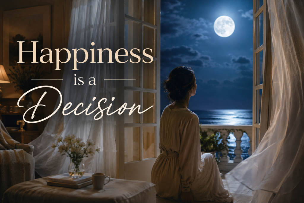 Woman looking at a full moon through open French doors, symbolising hope and the choice that happiness is a decision