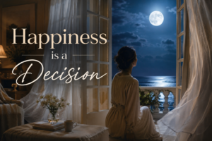 Woman looking at a full moon through open French doors, symbolising hope and the choice that happiness is a decision