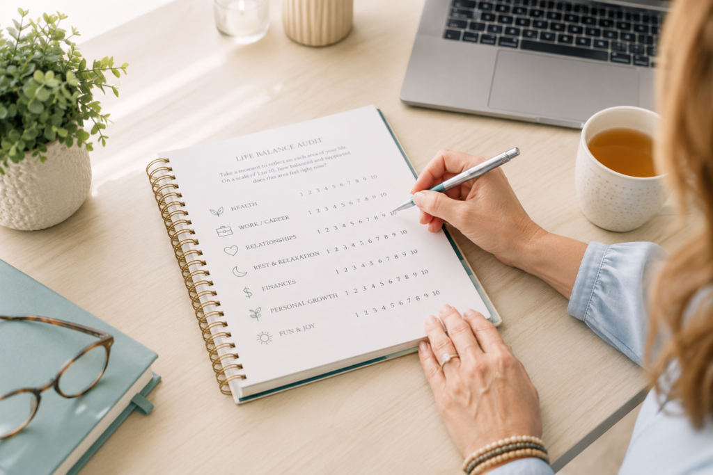 Woman completing a Life Balance Audit worksheet at a bright desk, rating areas such as health, work, relationships, rest, finances and personal growth.