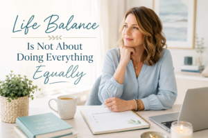 Woman planning at a bright desk, representing a thoughtful and seasonal approach to life balance.