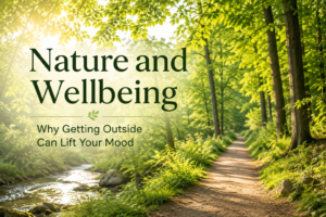 Sunlit forest path illustrating how spending time in nature can support mood, stress relief and wellbeing.