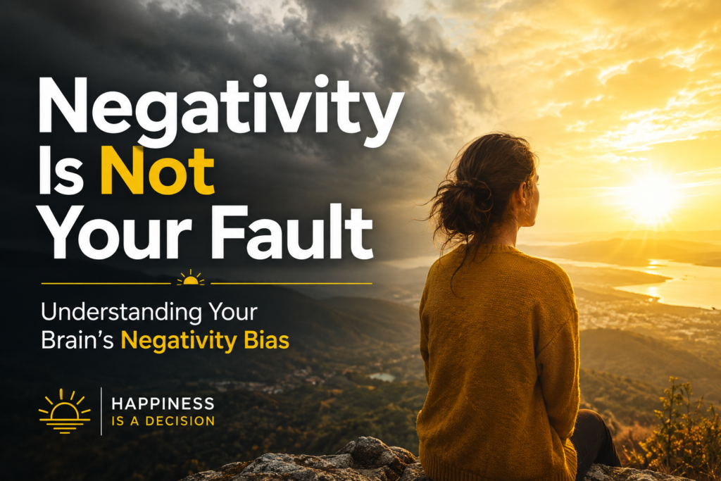 Woman looking toward a bright horizon beneath storm clouds, illustrating negativity bias and how the brain tends to focus on negative experiences.