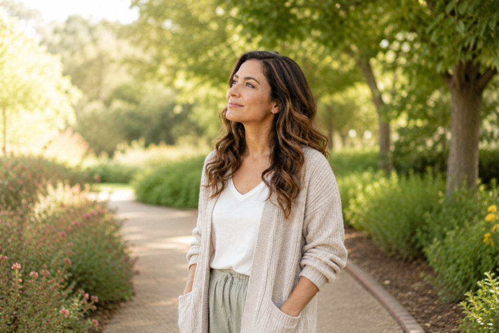 Woman walking in a peaceful garden as part of a self-compassion practice for emotional wellbeing