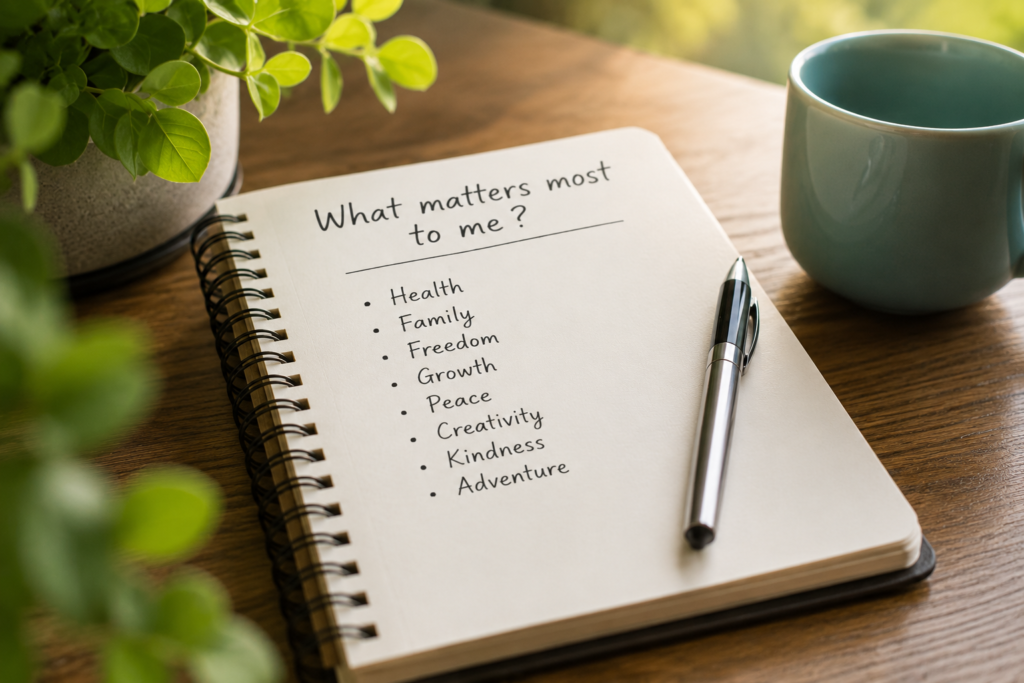Notebook on a wooden table with a handwritten list of personal values, beside a pen, coffee cup, and green plant.