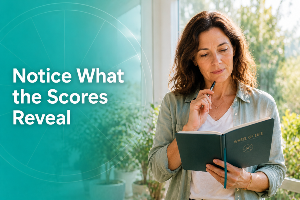 Woman reflecting with a Wheel of Life journal beside text overlay: “Notice What the Scores Reveal”.