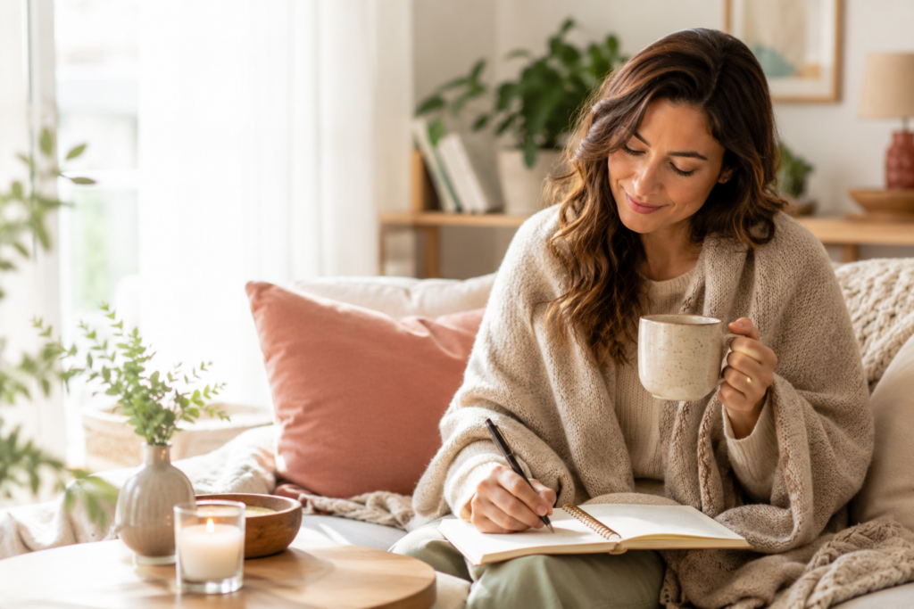 Woman journaling with tea in a calm home setting for a self-compassion coaching tool article