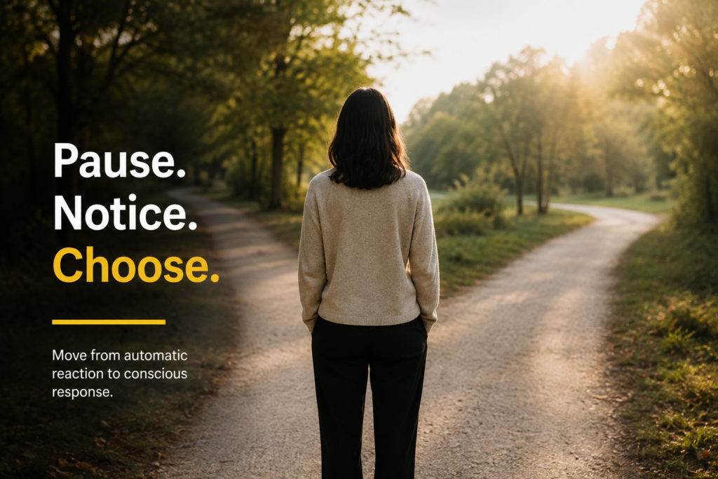 A woman standing at a forked path, illustrating how self-coaching helps move from automatic reaction to conscious choice.