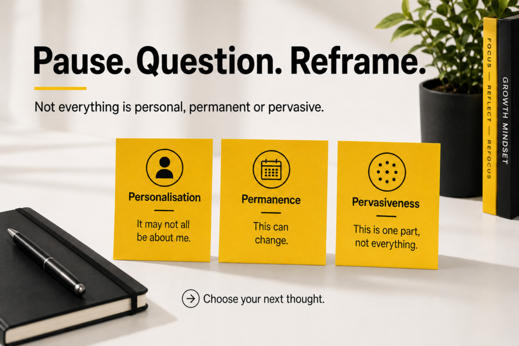 Visual summary of the 3 Ps model showing personalisation, permanence and pervasiveness with simple reframing statements to challenge negative thinking.