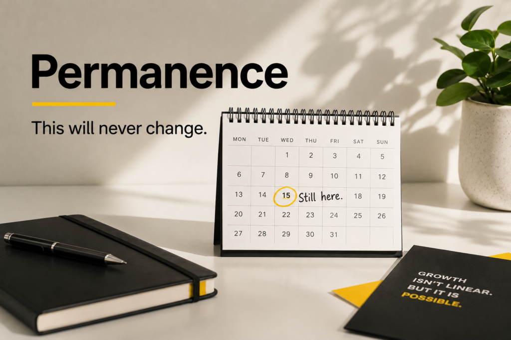 Permanence negative thinking image showing a desk calendar and the words “This will never change” in a black, white and yellow workspace.