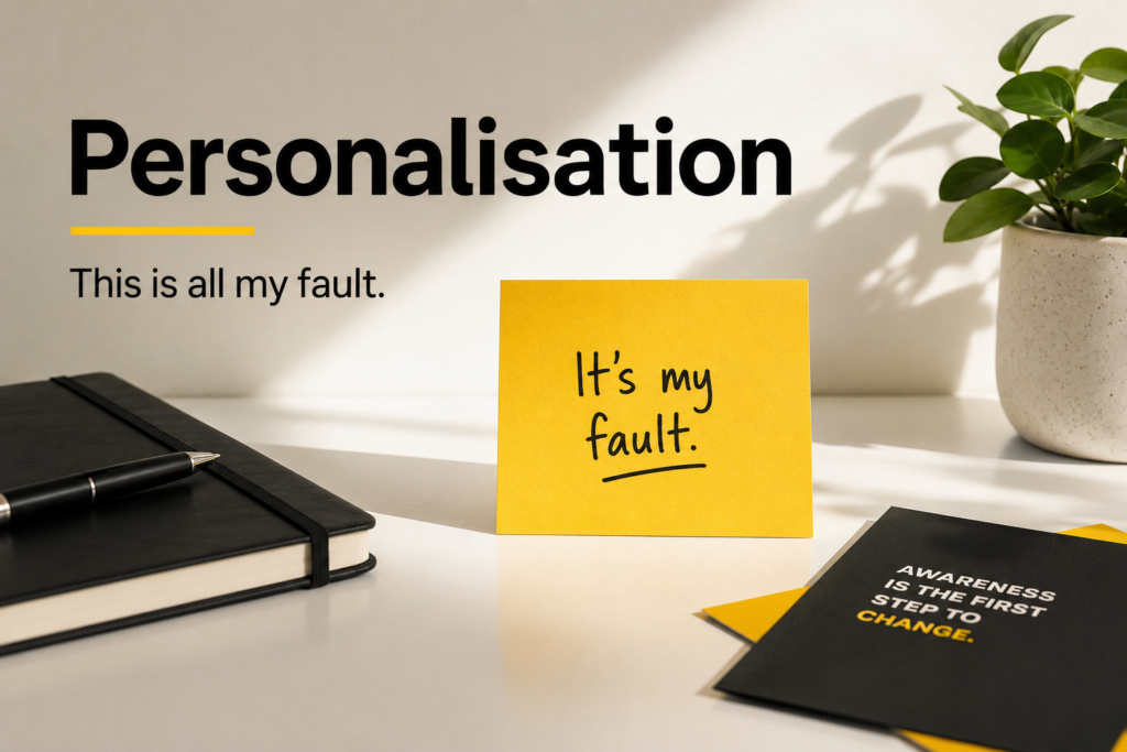 Personalisation negative thinking image showing a yellow sticky note saying “It’s my fault” on a black and yellow desk scene.