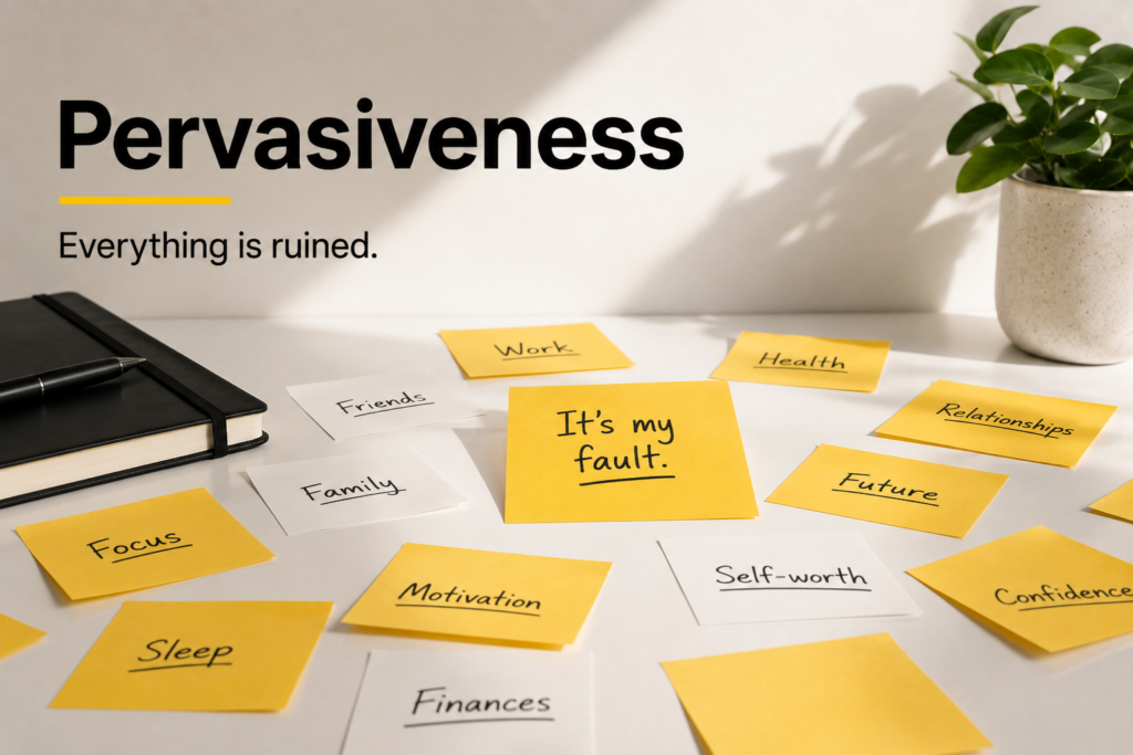 Pervasiveness negative thinking image showing sticky notes spreading across a desk to represent how one problem can feel like everything is ruined.