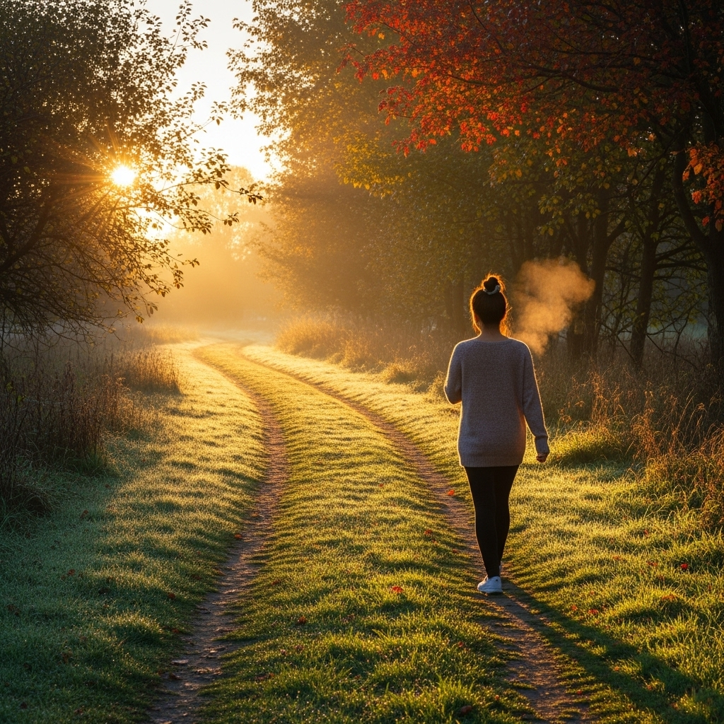 A woman walking early in the morning in the sunlight planning a good start to the day
