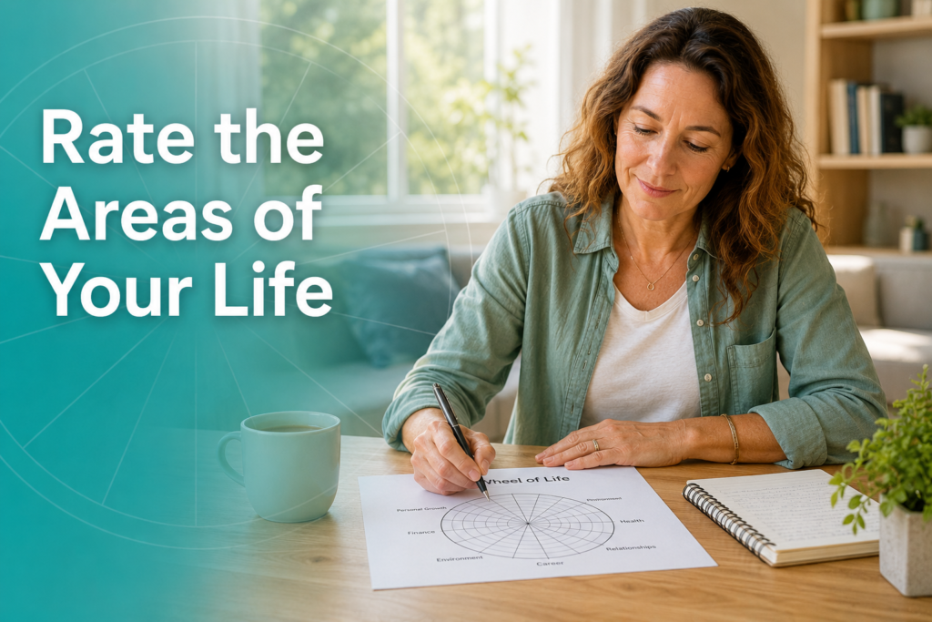 Woman completing a Wheel of Life worksheet at a table with text overlay: “Rate the Areas of Your Life”.
