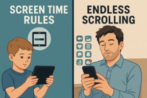 A child on an iPad and an adult on their phone.