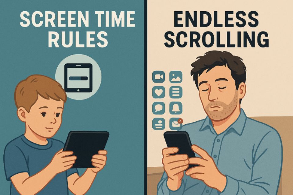 A child on an iPad and an adult on their phone.