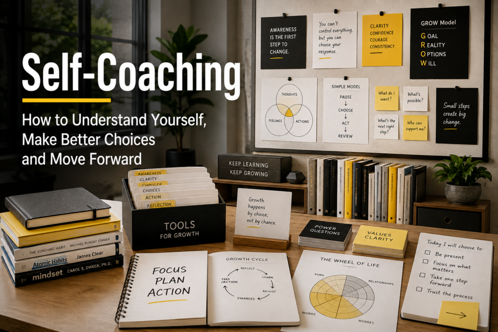 Self-coaching tools arranged in a modern workspace, including coaching models, reflective questions, books and planning resources for making better choices.