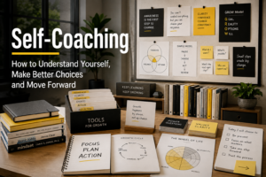 Self-coaching tools arranged in a modern workspace, including coaching models, reflective questions, books and planning resources for making better choices.