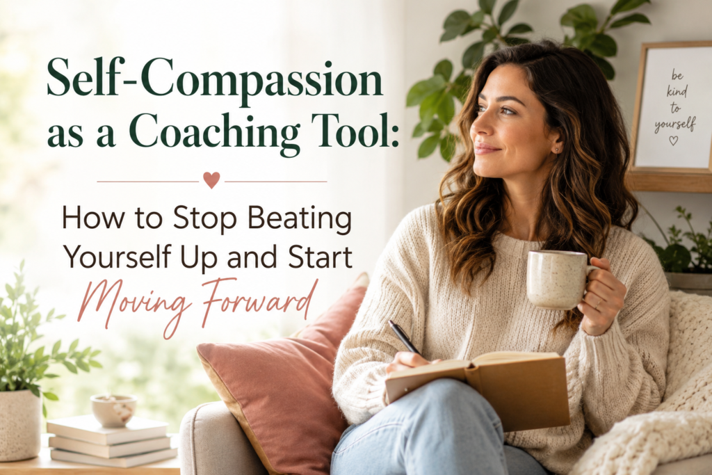 Woman journaling in a bright room for a blog post about self-compassion as a coaching tool