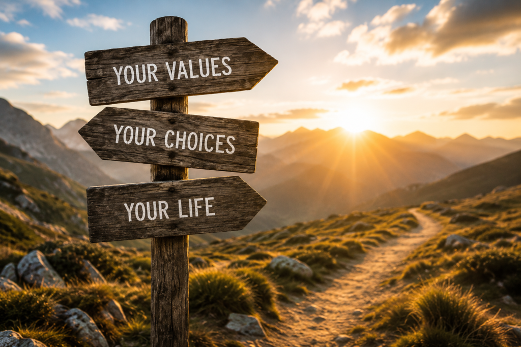 Wooden signpost on a mountain path at sunrise with the words “Your values,” “Your choices,” and “Your life” written on the signs.