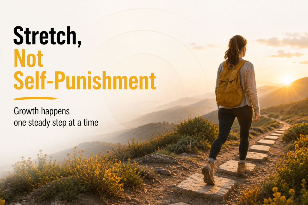 The comfort zone model illustrated by a woman taking steady steps along a sunlit path, showing that growth comes through healthy stretching rather than self-punishment.