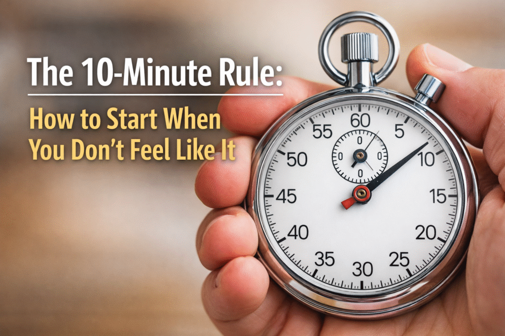 Stopwatch set to ten minutes beside the title “The 10-Minute Rule: How to Start When You Don’t Feel Like It.”