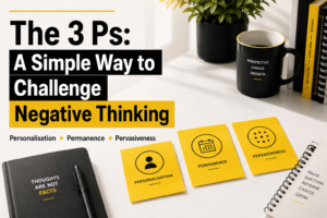The 3 Ps a simple way to challenge negative thinking featured image with black, white and yellow workspace showing personalisation, permanence and pervasiveness.