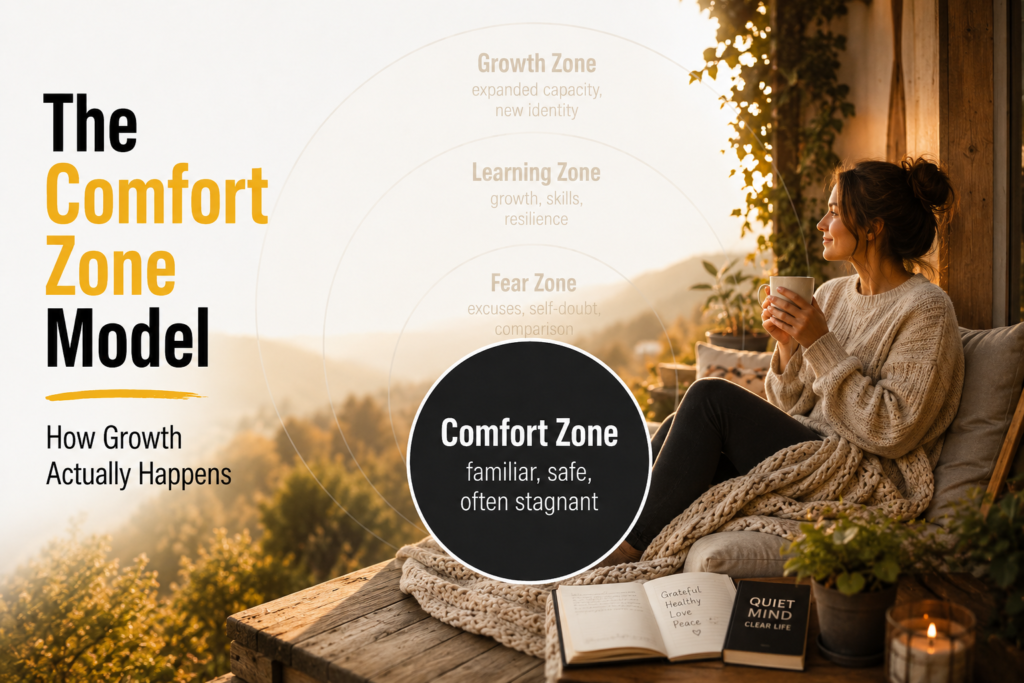 The comfort zone model highlighting the Comfort Zone as a familiar and safe place that can sometimes become stagnant.