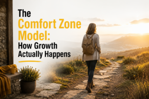 Woman walking from a sheltered space toward an open sunlit landscape, illustrating how growth happens through the comfort zone model.