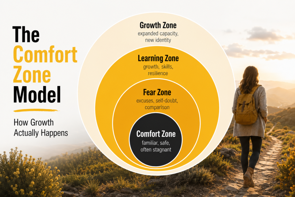 The comfort zone model shown as four concentric circles: Comfort Zone, Fear Zone, Learning Zone and Growth Zone.