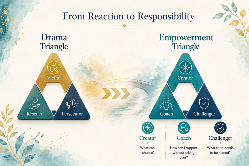 Visual comparison of the Drama Triangle and the Empowerment Triangle, showing the shift from Victim, Rescuer, and Persecutor into Creator, Coach, and Challenger.