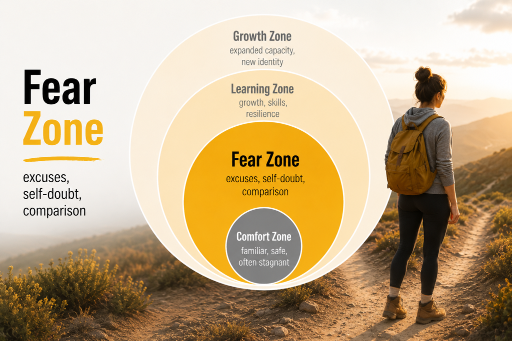 The comfort zone model highlighting the Fear Zone, where self-doubt, excuses and comparison can make growth feel difficult.