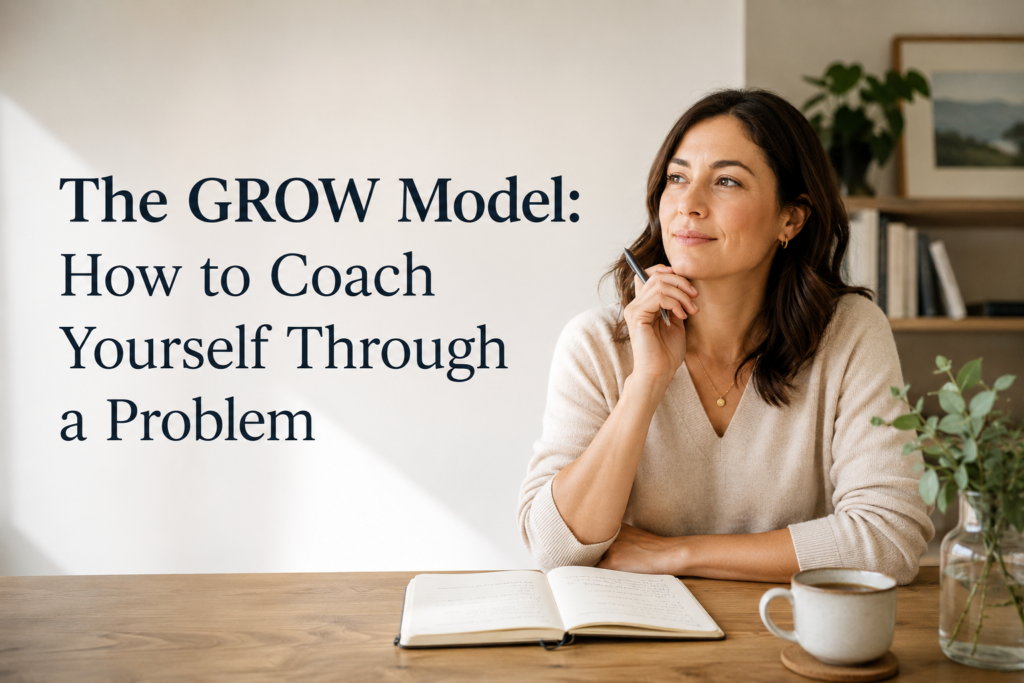 Thoughtful woman journalling at a desk while using the GROW Model to coach herself through a problem.