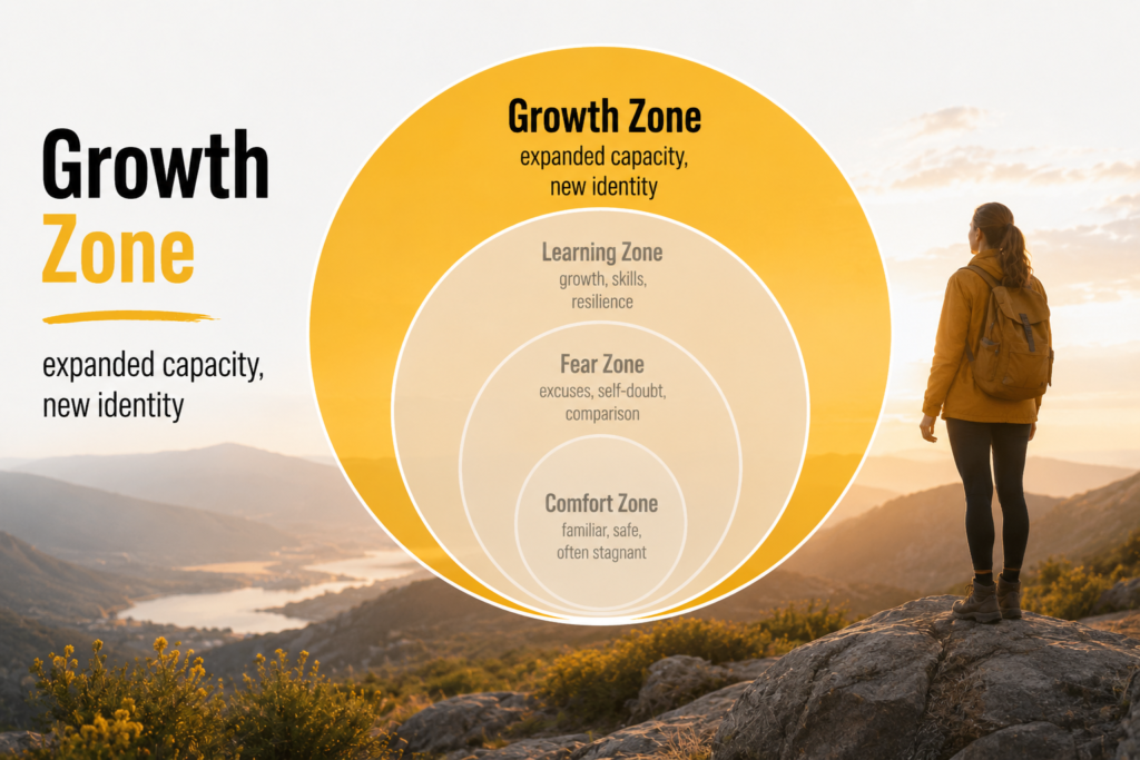 The comfort zone model highlighting the Growth Zone, where greater capacity and a new sense of identity begin to develop.
