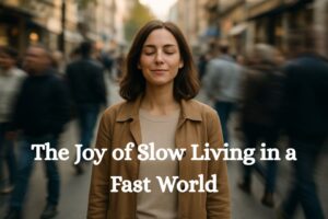 A contented woman standing still while a crowd moves fast around her.