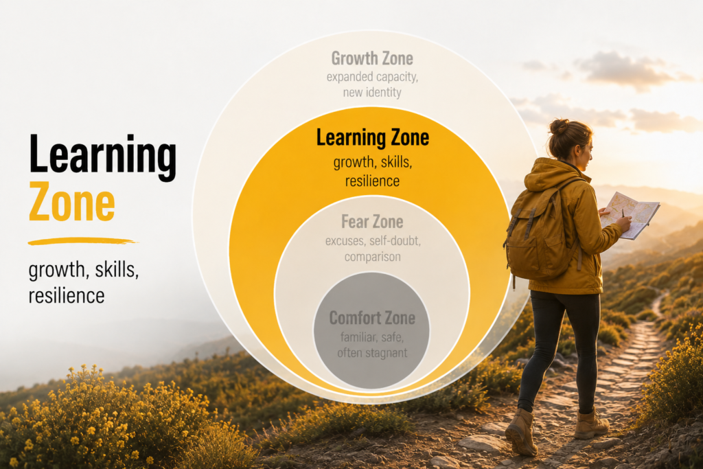 The comfort zone model highlighting the Learning Zone, where practice builds new skills, confidence and resilience.