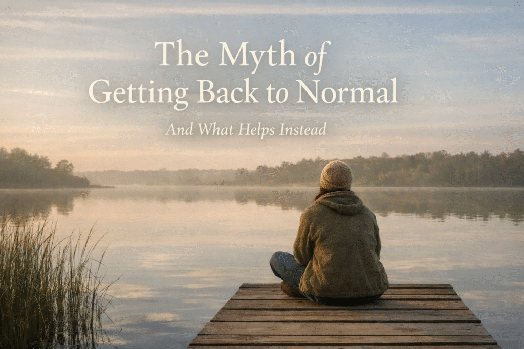 Calm reflective scene representing the idea of letting go of returning to normal after life changes