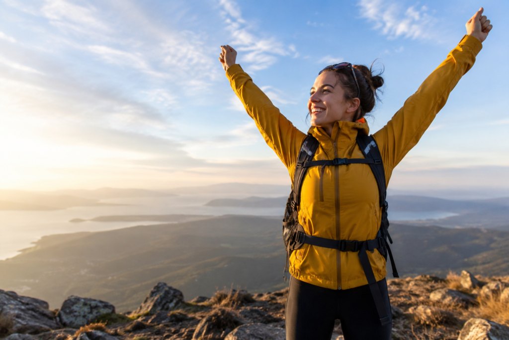 Woman standing on a mountain with arms raised in celebration after reaching a goal.