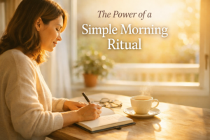 simple morning ritual journaling with tea in morning sunlight