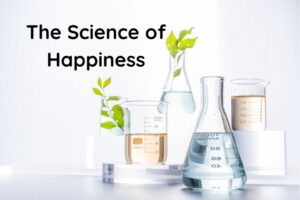 Scientific glassware on a bench and text the science of happiness