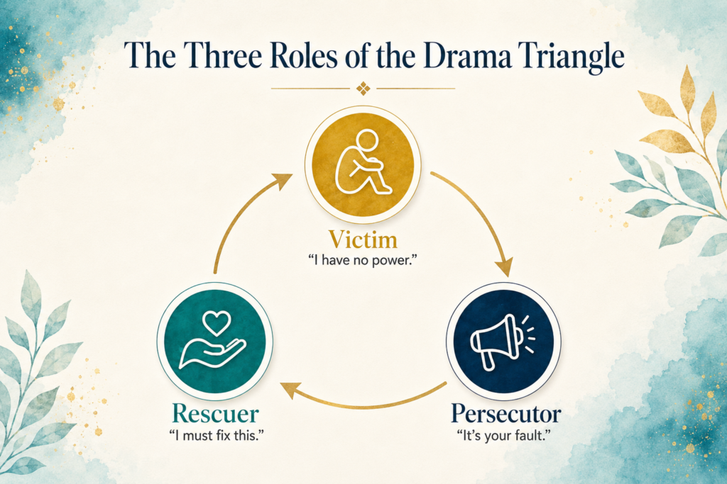 Diagram showing the three roles of the Drama Triangle — Victim, Rescuer, and Persecutor — connected by arrows to represent a repeating cycle of reactive relationship patterns.