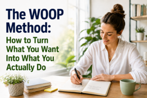 The WOOP Method featured image showing a woman writing in a notebook to turn wishes into action using a simple coaching tool.