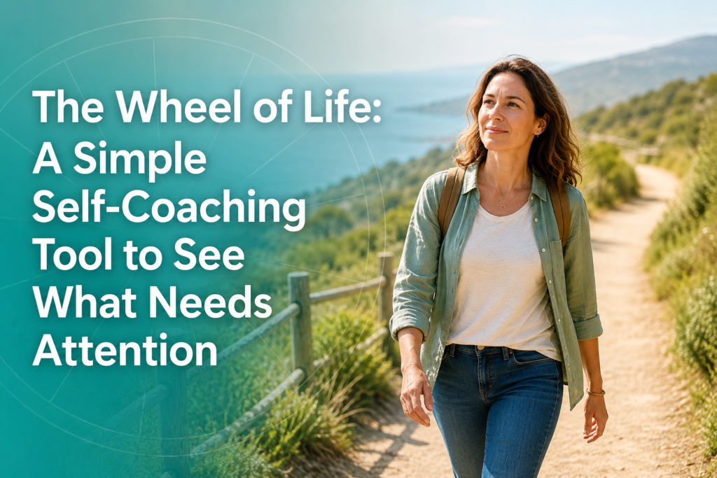 Woman walking along a sunlit coastal path with text overlay: “The Wheel of Life: A Simple Self-Coaching Tool to See What Needs Attention”.