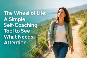 Woman walking along a sunlit coastal path with text overlay: “The Wheel of Life: A Simple Self-Coaching Tool to See What Needs Attention”.