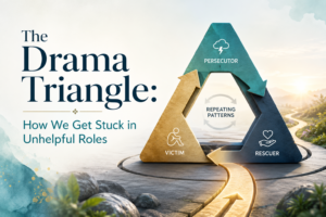 “The Drama Triangle: How We Get Stuck in Unhelpful Roles,” showing a symbolic triangle with the roles Victim, Rescuer, and Persecutor connected in a repeating pattern, with a pathway leading outward to suggest moving toward healthier choices.
